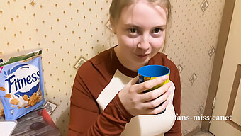 Russian Teen With Big Natural Tits Gets Orgasm In The Kitchen